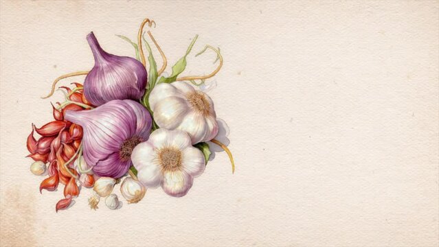 Vintage Pile Of Garlic Reveal/ 4k animation of a retro vintage postcard of garlic painting reveal on old paper texture with grain and noise effect and blank space for recipe message