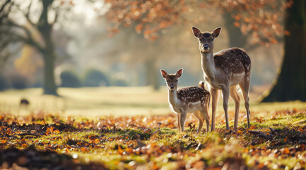A deer and its fawn in tender bonding amidst the forest light.