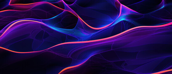 A blend of bright and dark elements, this abstract background combines blue and pink waves for a...