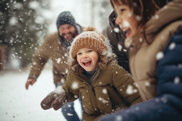 family playing in the snow