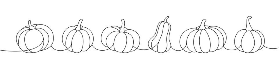 Pumpkins set. Autumn halloween pumpkins one line continuous drawing. Autumn halloween vegetables continuous one line illustration.