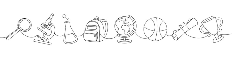 School supplies set. Back to school one line continuous drawing. Backpack, schoolbag, globe, basketball ball, magnifying glass, microscope, test tubes