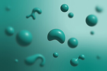Volumetric liquid drops of different shapes in sea green color, abstract underwater background, illustration