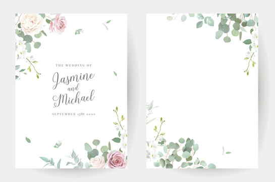Floral eucalyptus selection vector frames. Hand painted branches, pink rose flowers, leaves on white background