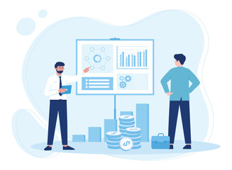 two business people analyzing company data or graphs on a white board concept flat illustration
