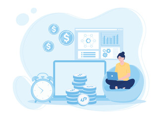 woman with laptop looking at company investment developments concept flat illustration