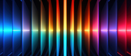 A high-tech stage illuminated by neon lights and geometric patterns.