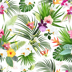 Exotic tropical flowers, orchid, strelitzia, hibiscus, canna, calla lily, palm, monstera leaves vector seamless pattern.