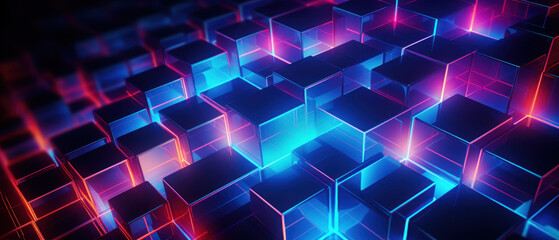 Bright neon elements and 3D cubes create a modern, tech-savvy atmosphere.