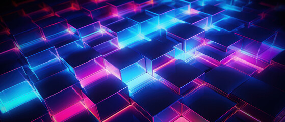 Bright neon elements and 3D cubes create a modern, tech-savvy atmosphere.
