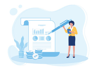woman writing on infographic paper concept flat illustration
