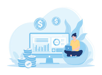 woman sitting with laptop looking at stock developments concept flat illustration