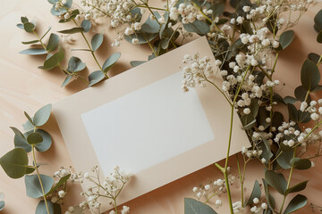 Wedding invitation card mockup with natural eucalyptus and white gypsophila twig