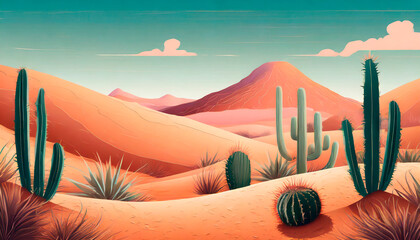 Artistic Image of a Desert in various shades of peach with various Cacti, mountains and the setting sun. illustration desert oasis. Background Also useful for presentations. Copy space. - obrazy, fototapety, plakaty