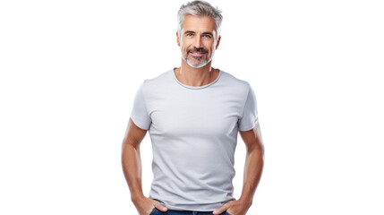 Middle age casual man in jeans and t-shirt. isolated on transparent and white background.PNG image.