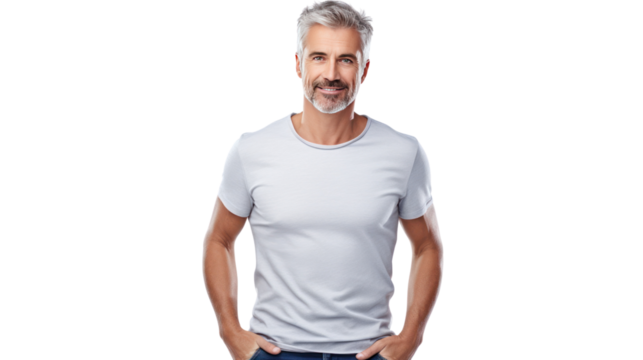 Middle age casual man in jeans and t-shirt. isolated on transparent and white background.PNG image.