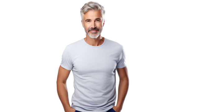 Middle age casual man in jeans and t-shirt. isolated on transparent and white background.PNG image.