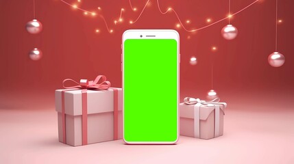 Green screen mockup of a smartphone with gift box decoration.
