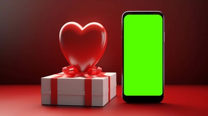 Green screen mockup of a smartphone with gift box and heart decoration.