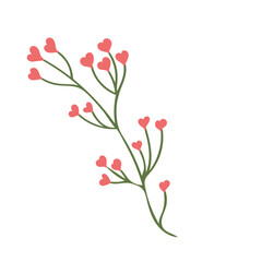 Branch with red flowers in the shape of hearts, vector illustration of Valentine's day. Icon element on white background, hand drawn. Design for gifts, invitations, frames, banners, menus, labels and