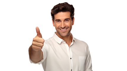 Confident and happy smiling man and pointing isolated on transparent and white background.PNG image.