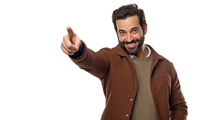 Confident and happy smiling man and pointing isolated on transparent and white background.PNG image.