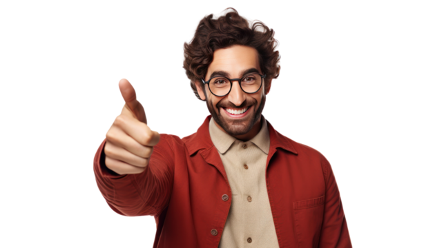 Confident and happy smiling man and pointing isolated on transparent and white background.PNG image.