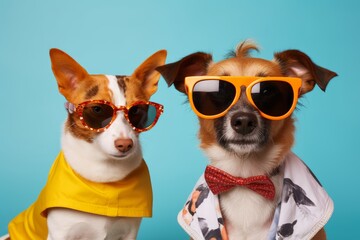 Funny dogs in sunglasses and bright clothes on a blue background. Kidkore style