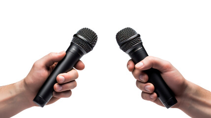 Close up Reporter Hand, Hand Holding Microphone Isolated on transparent and white background.PNG image. - obrazy, fototapety, plakaty