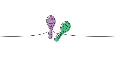 Maracas one line colored continuous drawing. Musical instruments continuous one line illustration. Vector minimalist linear illustration.