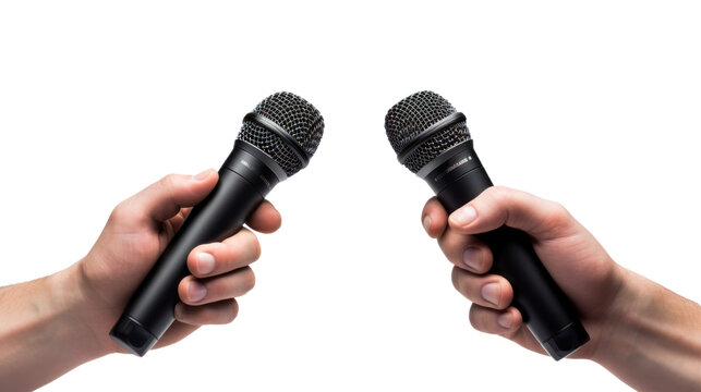 Close up Reporter Hand, Hand Holding Microphone Isolated on transparent and white background.PNG image.