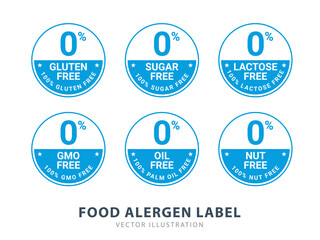 Six Labels of Food Allergen. Gluten, sugar, lactose, etc in half filled circle - obrazy, fototapety, plakaty