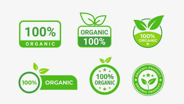 Six green labels of full organic product. Isolated Vector Illustration