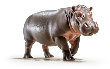 Hippopotamus walking looking at the camera on isolated white background.