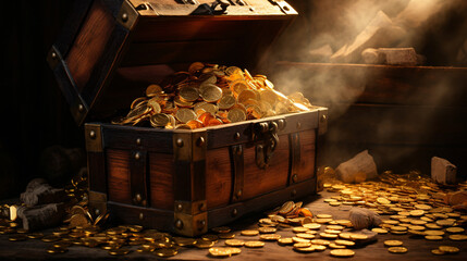 Open treasure chest overflowing with gold coins