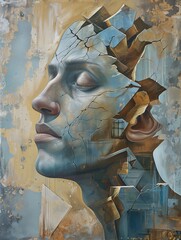 Broken stone head painting, metaphoric illustration of the fragmentation of the self, memory loss and dementia, alzheimer's disease, shaken certainties and convictions, brain disorder, wall graffiti