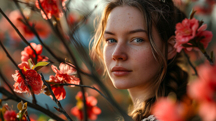 Wiosenne Inspiracje: Młoda Kobieta w Kwiatowej Rozkwitającej Przyrodzie