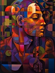 Colorful graffiti on the wall, man or woman portrait, cubist painting in purple, green, pink and yellow, consciousness, awareness and focus, mind power, black hispanic profile, south american spirit