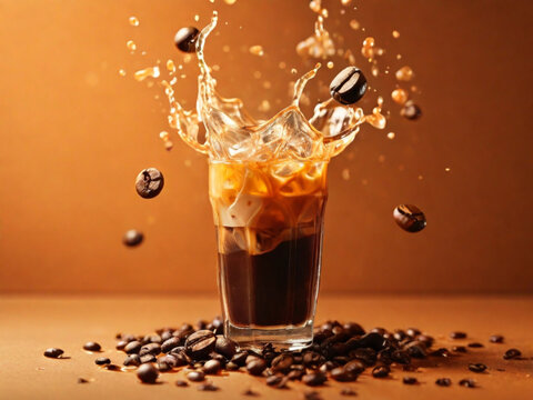 Coffee Cup with coffee bean and milk splash around it ai image 