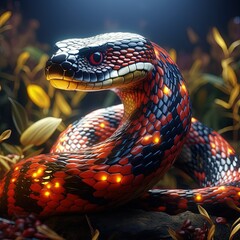 Snake power red blue symbol of cunning beauty and fear abstraction - obrazy, fototapety, plakaty
