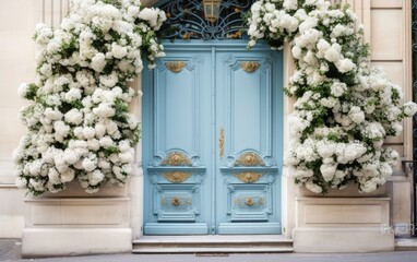 Parisian elegant door with flowers - obrazy, fototapety, plakaty