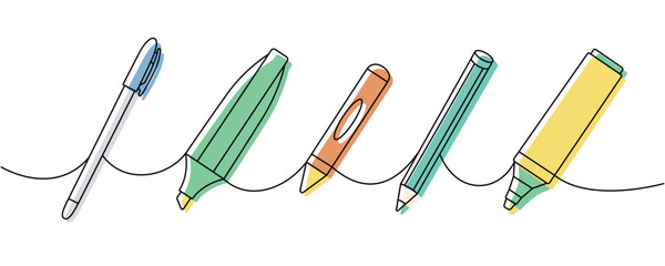 School supplies set. Back to school one line colored continuous drawing. Marker pens, pencils, chalk pencil, crayons continuous one line illustration. - obrazy, fototapety, plakaty