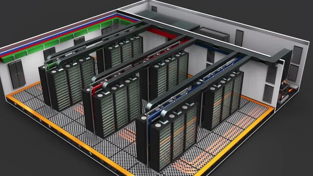 Data center floor, mining farm, server room with rows of server racks. 3d animation isolated on black