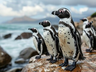 Fototapeta premium Colony of African penguins with their distinct black and white plumage, standing on the rocky shore of beach.