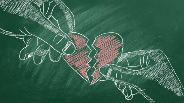 Male and female hands with broken heart. Conflict between women and men. Concept of Love, Life, Reunion, Conciliation, Mercy, Health. Happy Valentine's day. World heart day. Chalk drawing illustration