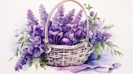 Watercolor purple flowers in a wicker basket