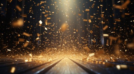 a golden confetti rain on a festive stage with a radiant light beam, an empty room at night mockup designed for the grandeur of an award ceremony, jubilee, New Year's party - obrazy, fototapety, plakaty