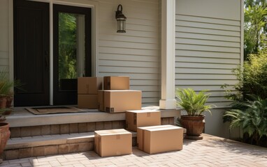 Moving boxes in front of a new house