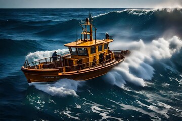 Confront the power of the open sea with a super realistic stock photo showcasing a Fish boat vessel fishing in a rough sea.