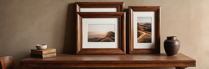 framed photos on a wooden table elegant room interior